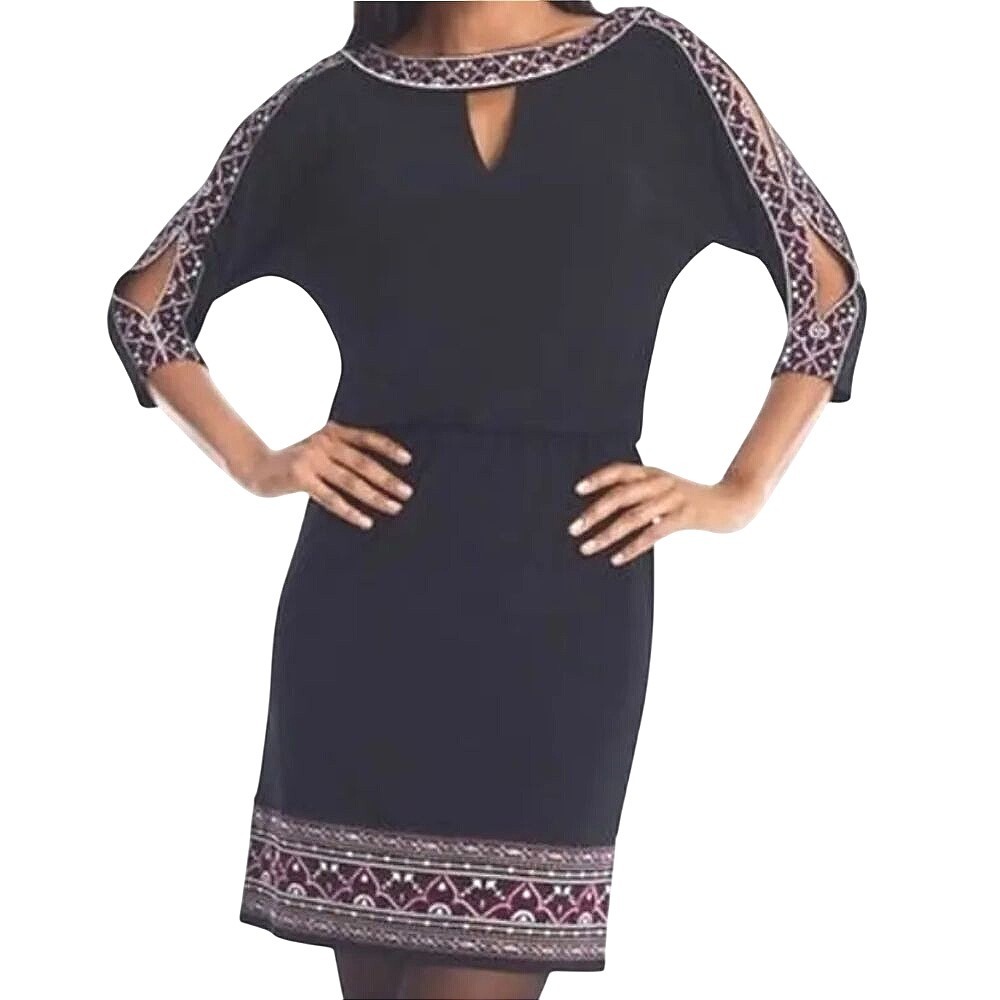 White House Black Market Embroidered Black Dress Slit‎ Sleeve Blouson Size M